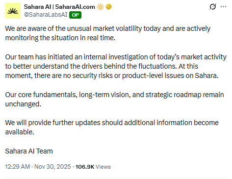 Phản hồi chính thức từ dự án sau khi token dump không rõ lý do