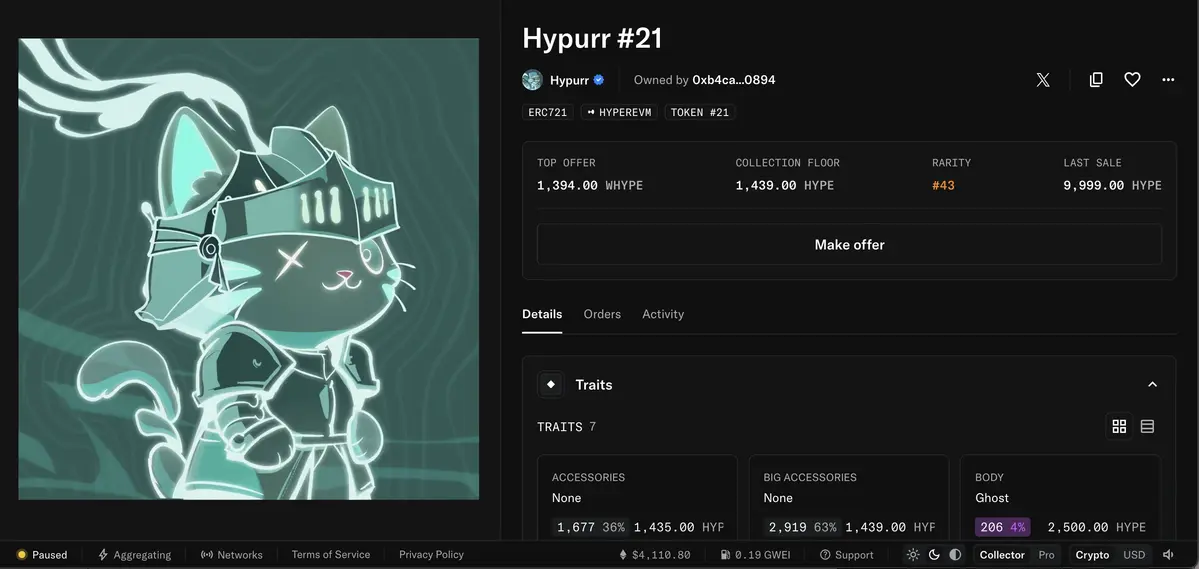 Hypurr NFT #21 bán được giá 9.999 HYPE tương đương gần 500k$