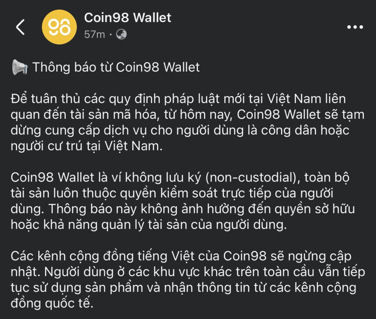 Coin98 Wallet vừa th&ocirc;ng b&aacute;o tạm dừng cung cấp dịch vụ cho người d&ugrave;ng Việt Nam
