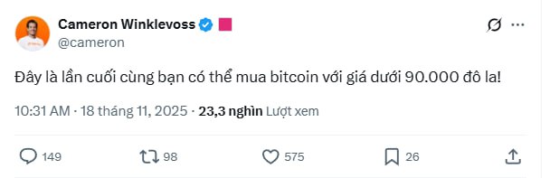 Cameron Winklevoss cảnh báo đây có thể là lần cuối cùng mua Bitcoin dưới 90.000 USD