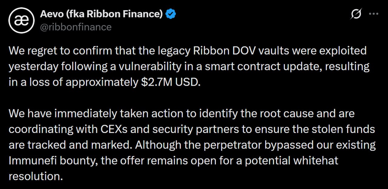 Aevo bị hack $2.7M sau khi Co-founder tố crypto l&agrave; s&ograve;ng bạc 