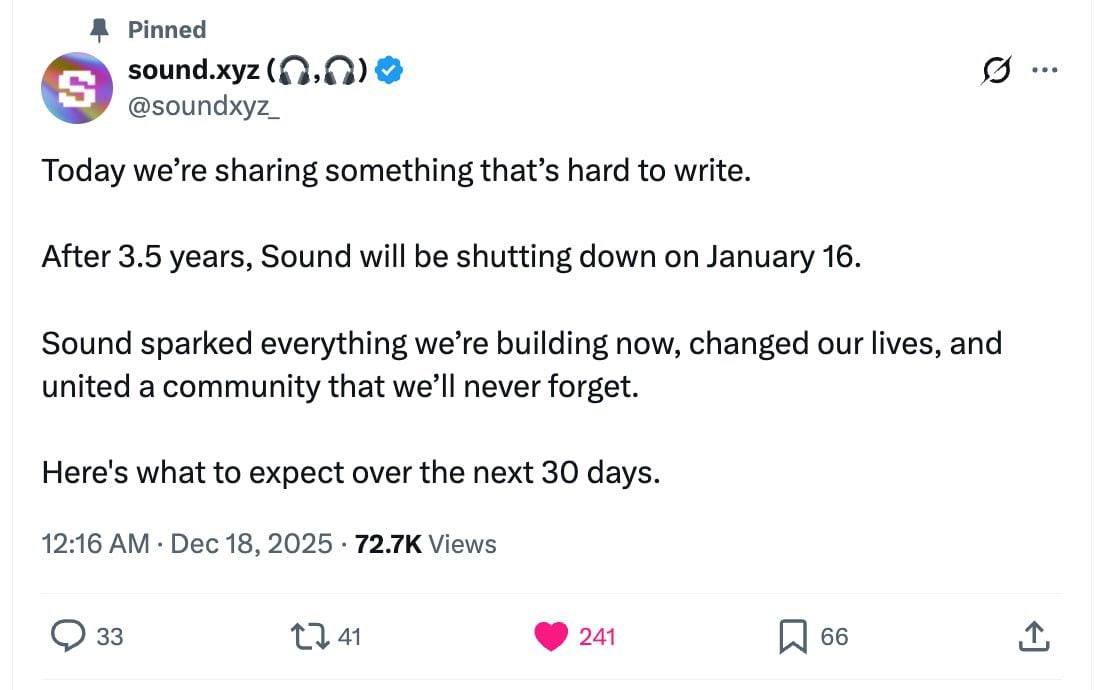 Nền tảng music NFT Sound.xyz ch&iacute;nh thức đ&oacute;ng cửa sau hơn 3 năm hoạt động