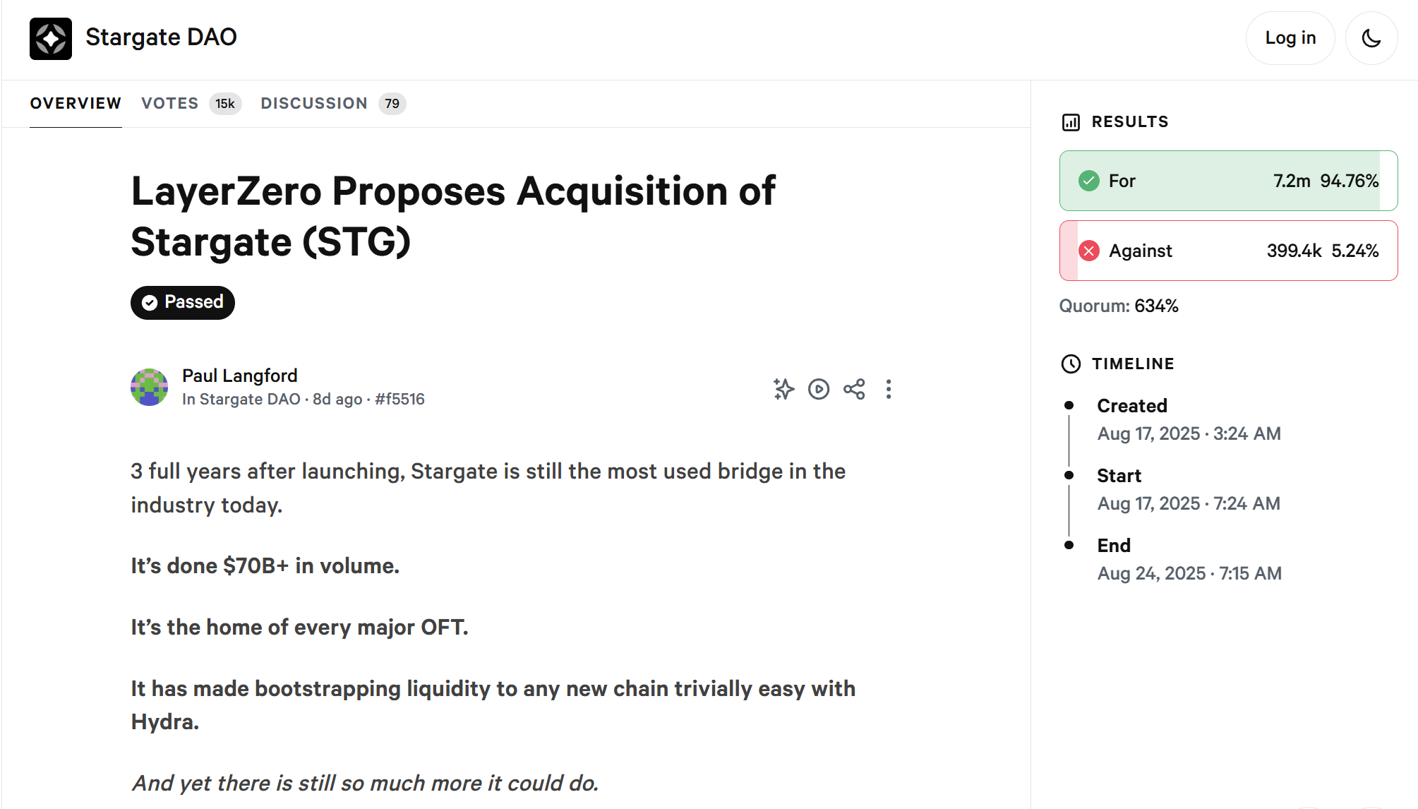 Gần 95% số phiếu tán thành trong thương vụ LayerZero mua lại Stargate