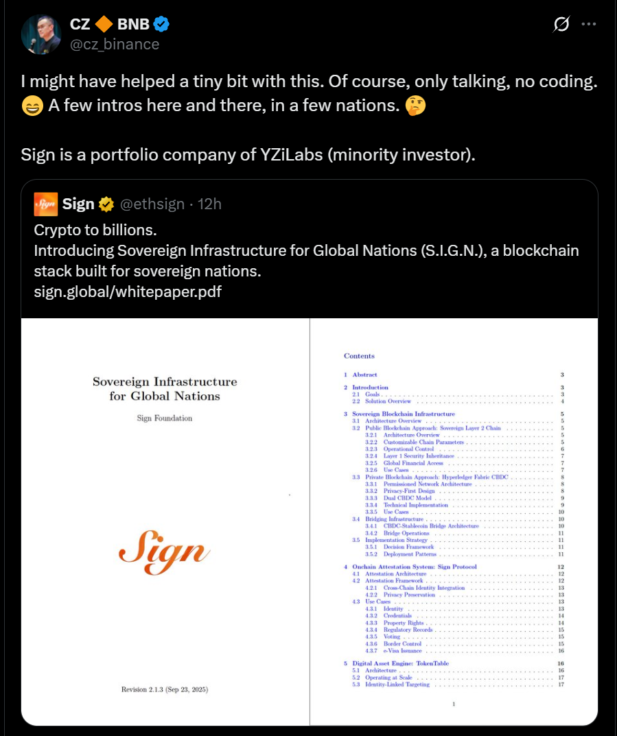 Một dòng tweet ngắn gọn của Changpeng Zhao (CZ) – cựu nhà sáng lập Binance – đã khiến token SIGN của Sign Foundation tăng vọt hơn 70%