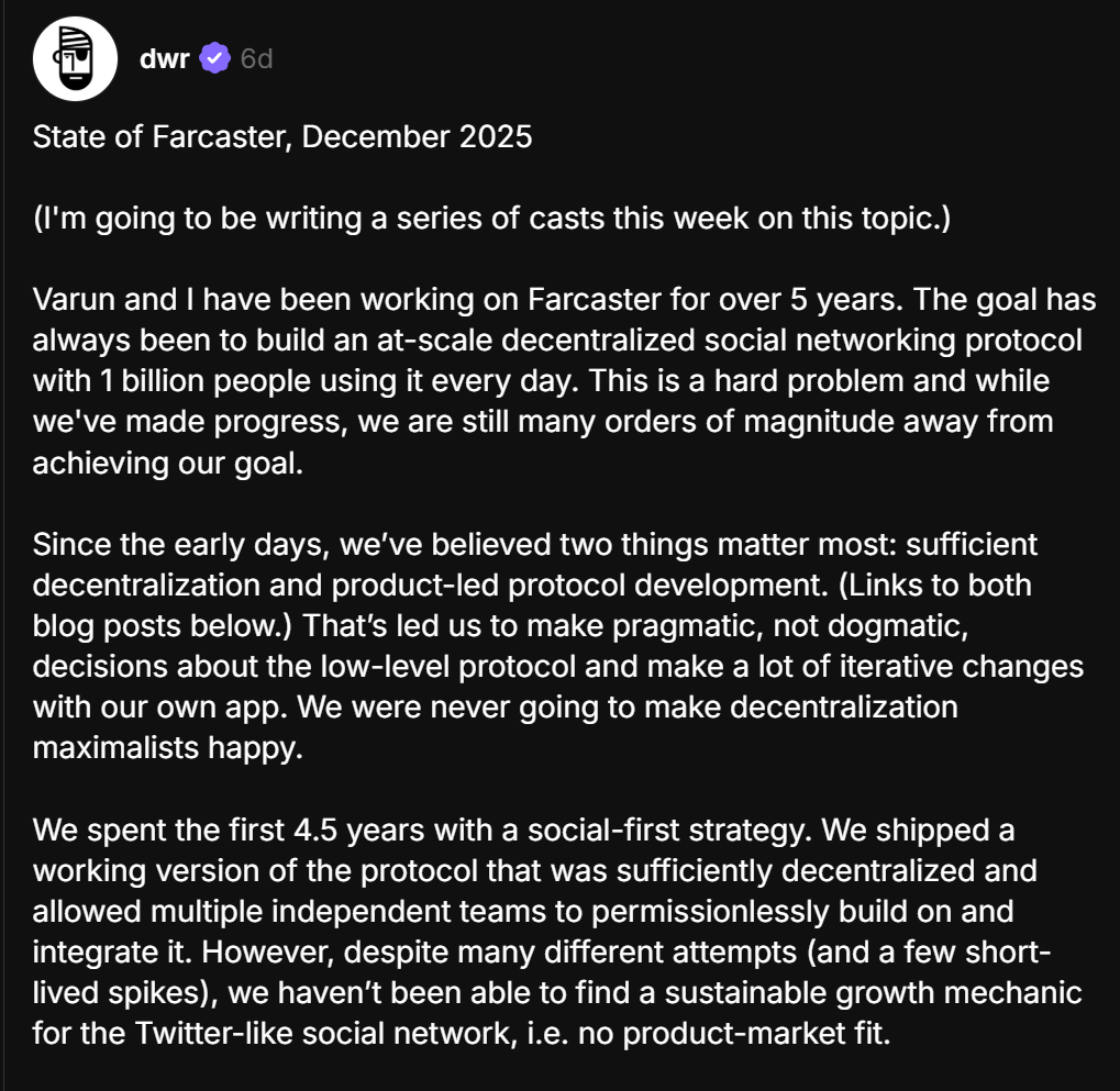 Farcaster thay đổi chiến lược, chuyển trọng t&acirc;m từ mạng x&atilde; hội phi tập trung sang ph&aacute;t triển v&iacute; Web3