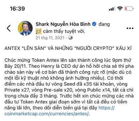 Shark Bình quảng bá ANTEX năm 2021. Nguồn Facebook