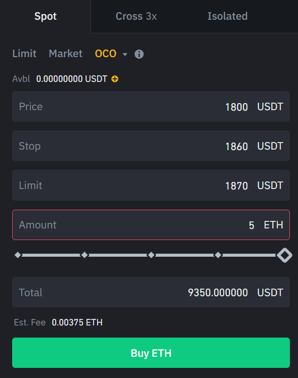 Ví dụ về đặt lệnh OCO mua ETH